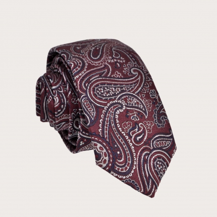 Cravate étroite paisley bordeaux en soie jacquard