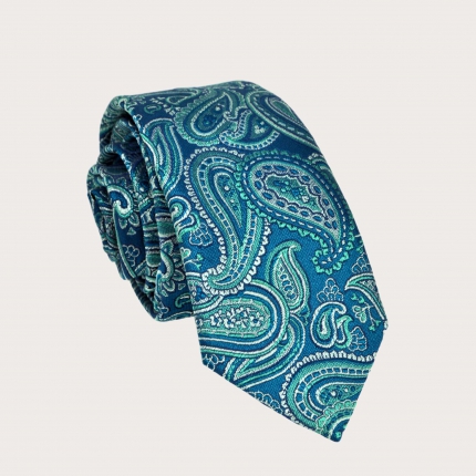 Cravate étroite paisley verte en soie jacquard