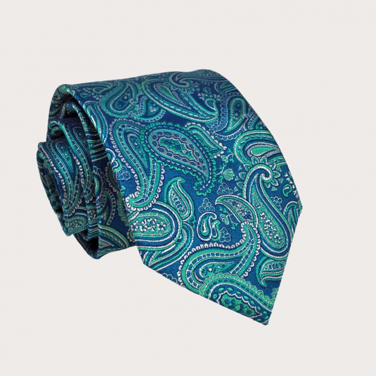 Blaue und grüne Paisley-Herrenkrawatte aus Jacquard-Seide