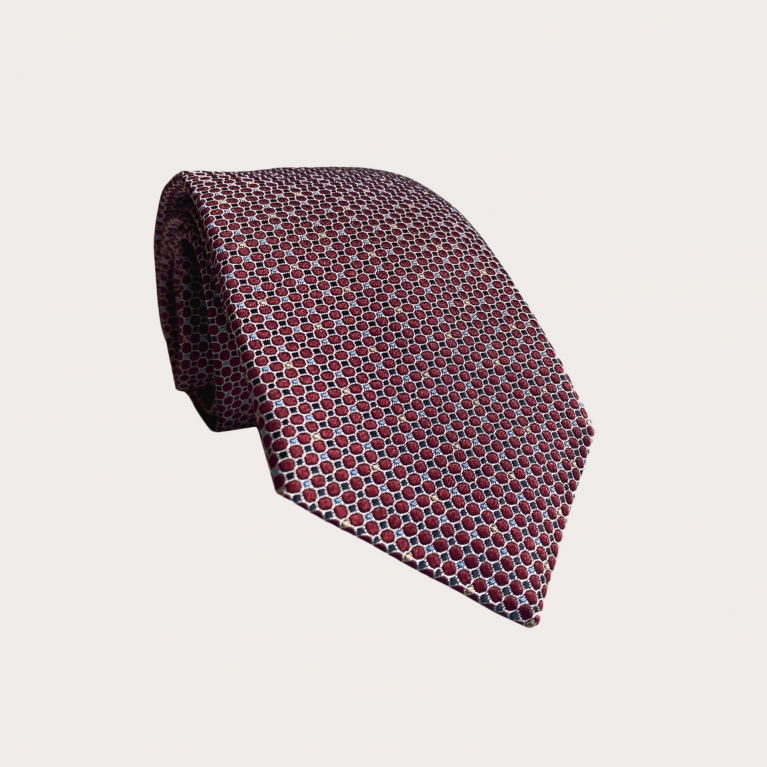 Corbata de seda jacquard, patrón burdeos con detalles en azul