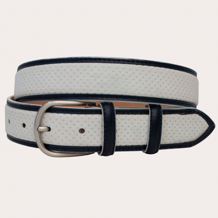 Ceinture en daim gris avec bordures en cuir bleue