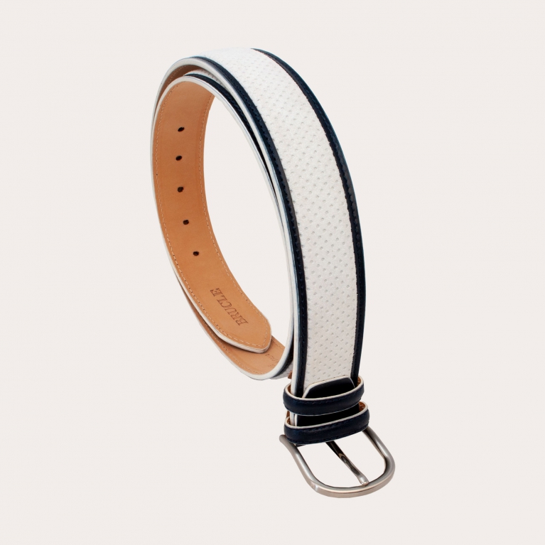 Ceinture en daim gris avec bordures en cuir bleue