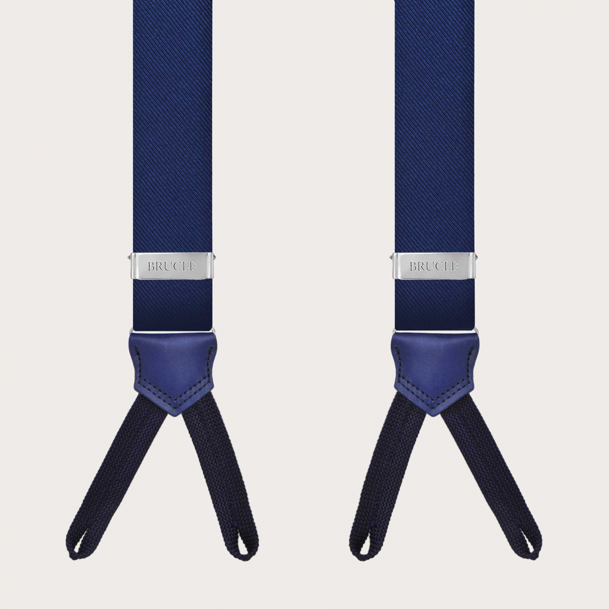 Blue silk suspenders with buttonholes and hand-colored leather