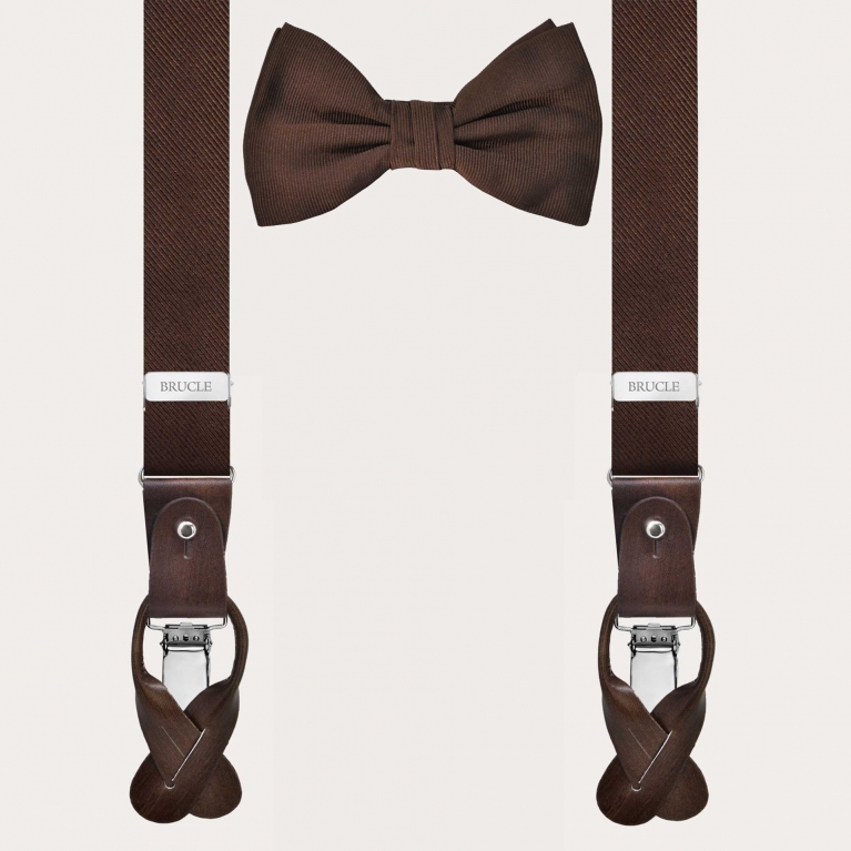 Coordinated set of narrow brown silk suspenders for buttons and the coordinated pre-tied bow tie