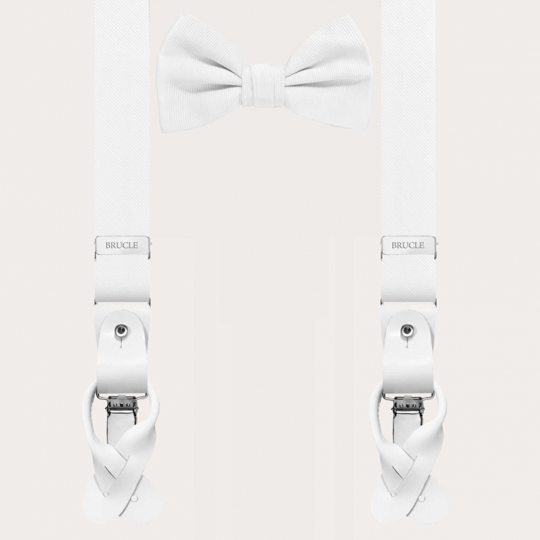 Coordinated set featuring slim silk suspenders and white pre-tied bow tie