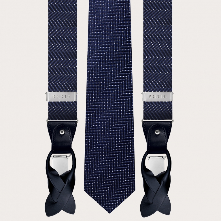 Coordinated set of suspenders and tie in blue pin dot silk