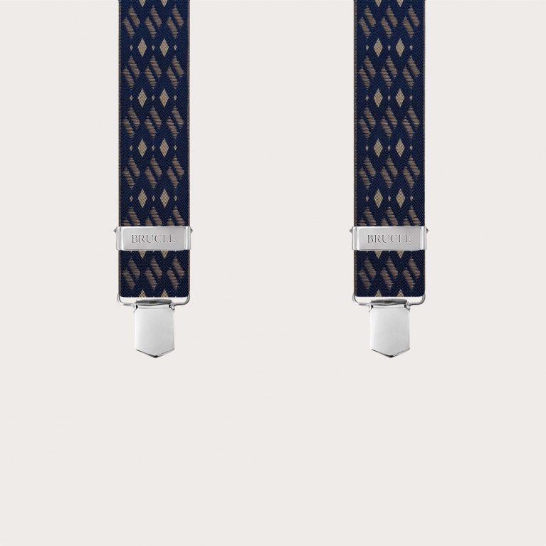 Tirantes anchos elásticos azules y beige con diseño de rombos y clips