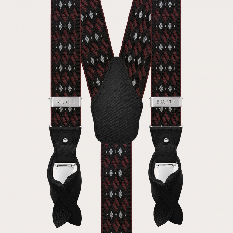 Black and burgundy patterned men's suspenders with diamonds for buttons or nickel-free clips