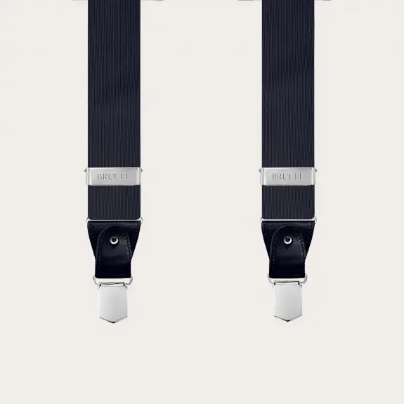 Formal Y-shape jacquard silk suspenders, navy blue, nickel free