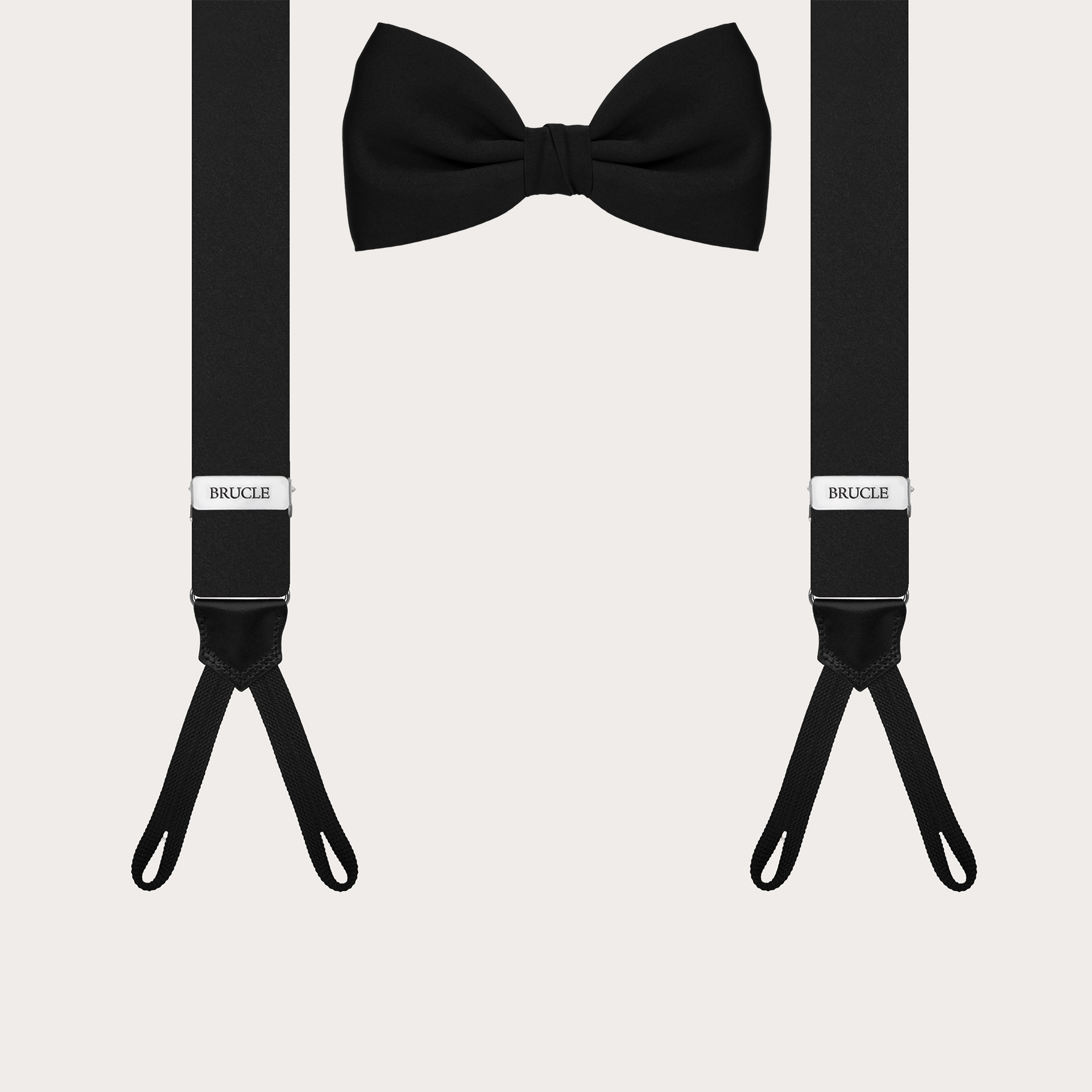 Coordinated set of suspenders and bow tie in black satin | BRUCLE ceremony