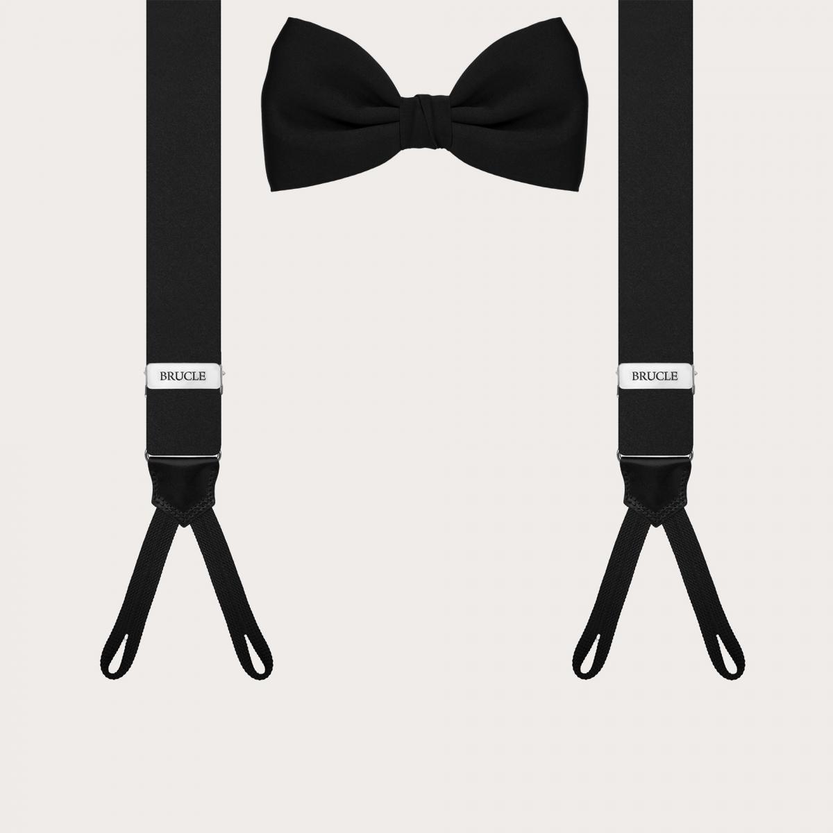 Package consisting of black button suspenders and black silk satin bow tie