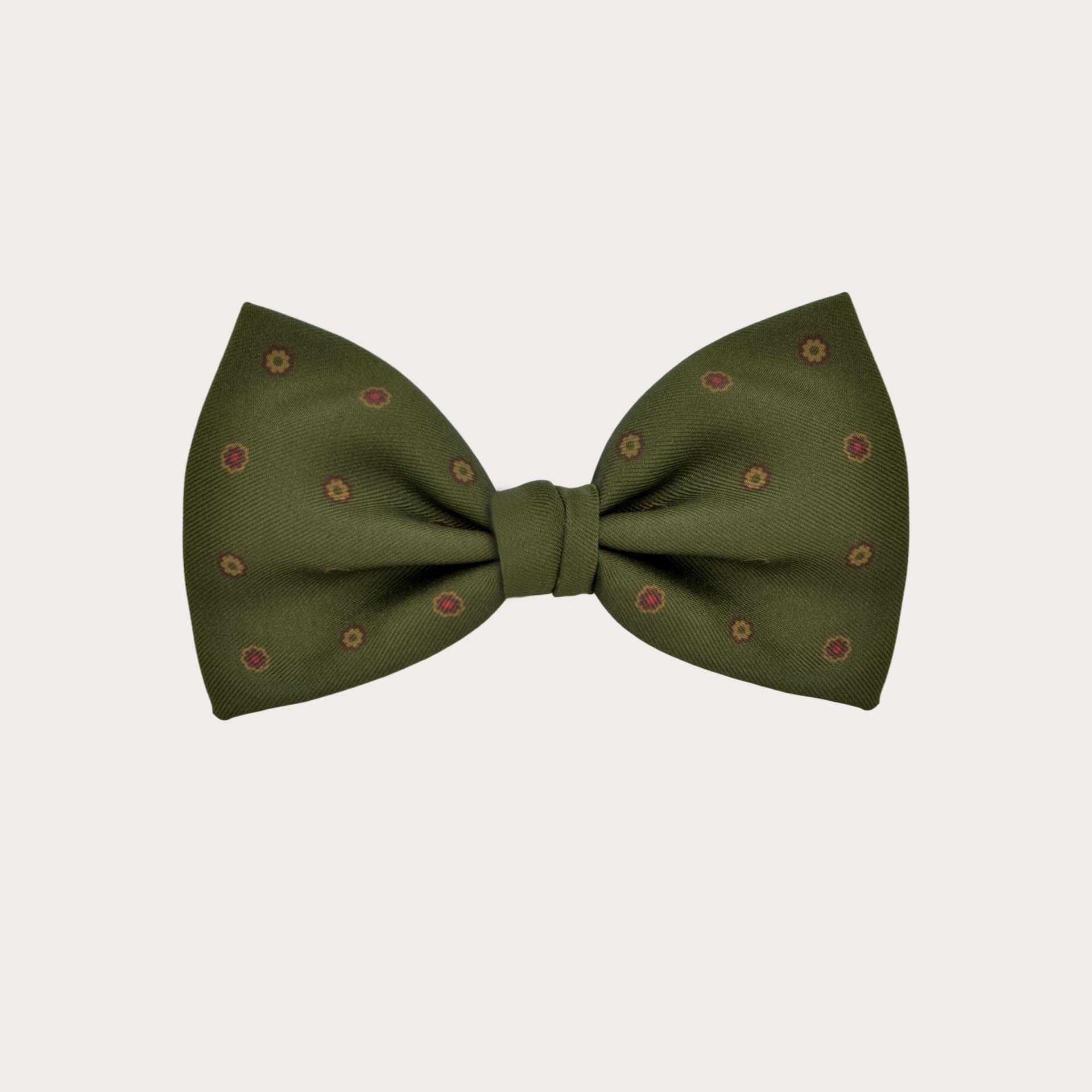 Green men's bow tie in printed silk with flowers, pre-tied