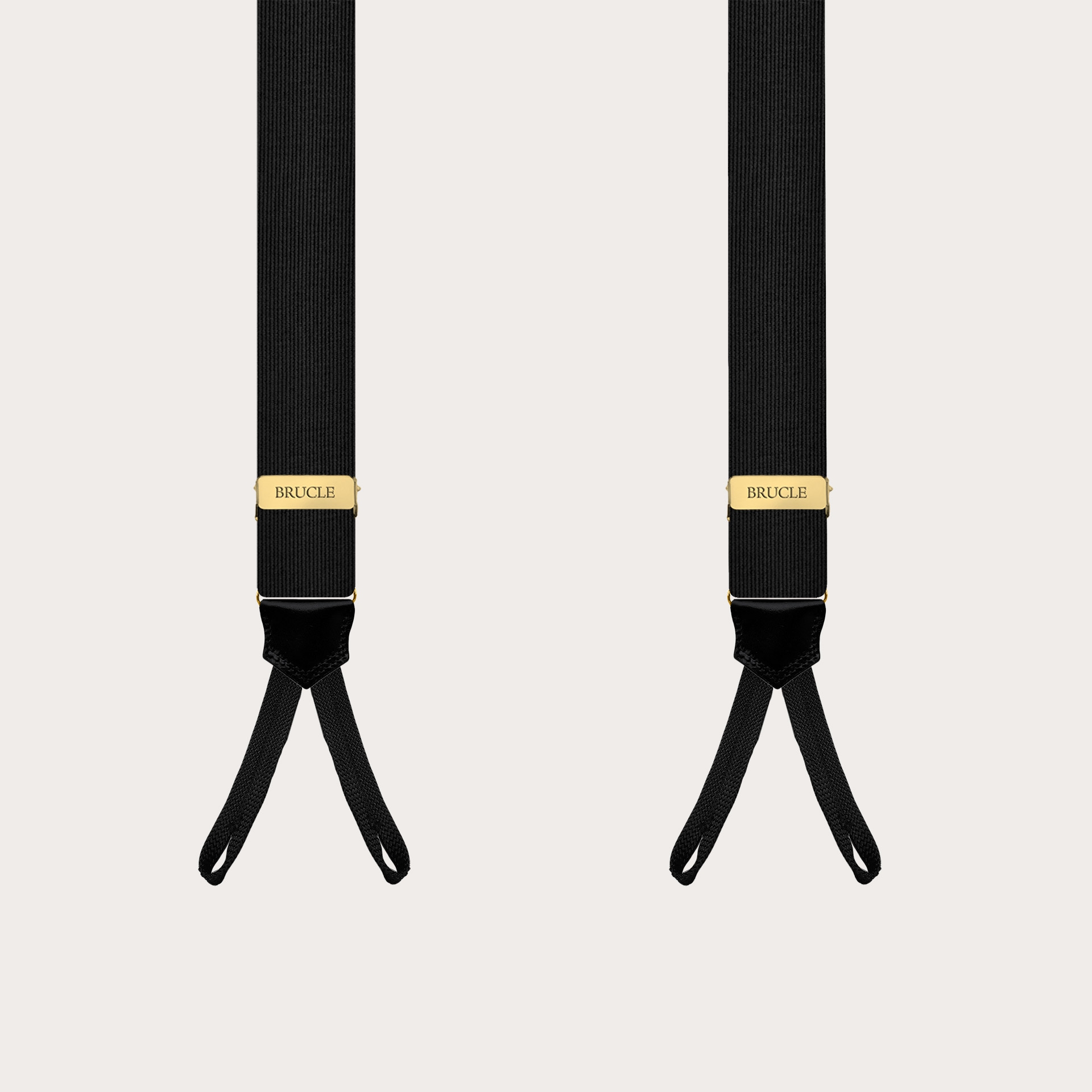 Black silk suspenders with gold adjusters for buttons