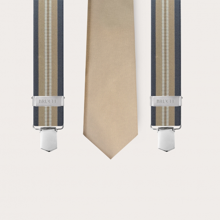 Set of elastic suspenders and silk champagne tie