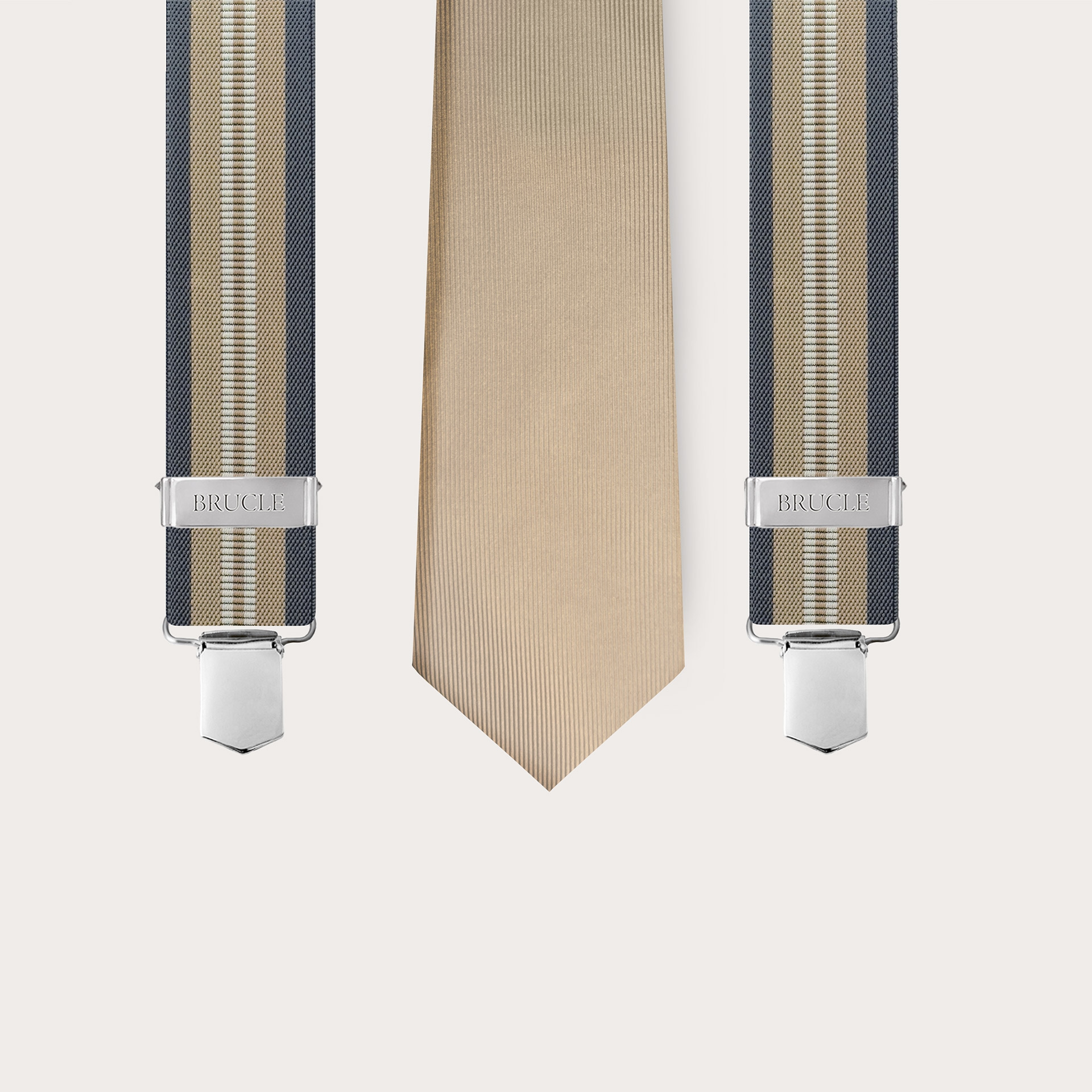 Set of elastic suspenders and silk champagne tie