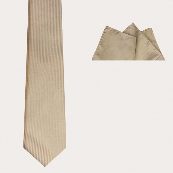 Coordinated set of tie and pocket square in champagne-colored silk