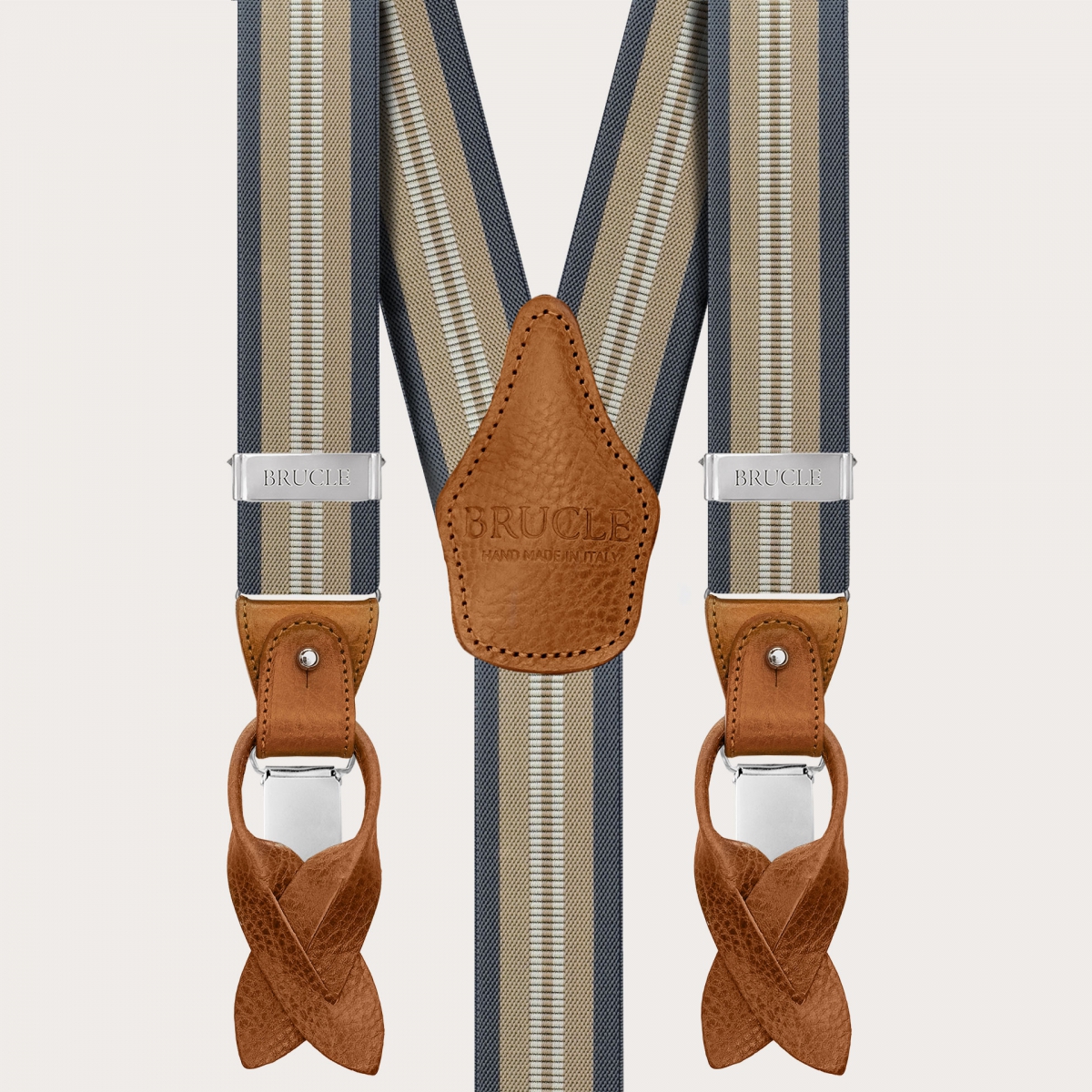 Coordinated set of striped suspenders and champagne silk tie