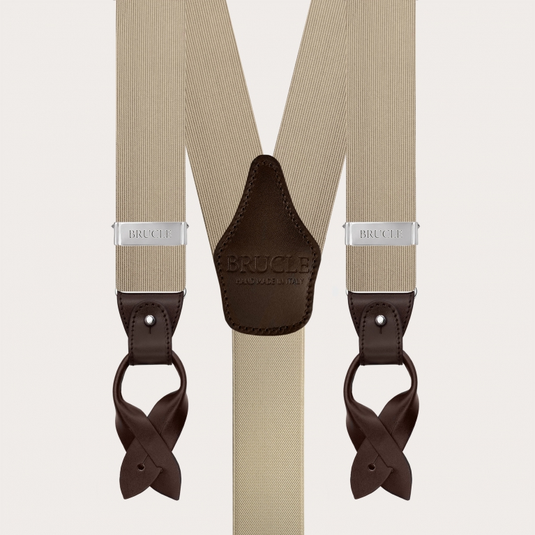 Men's suspenders in champagne silk for buttons or clips