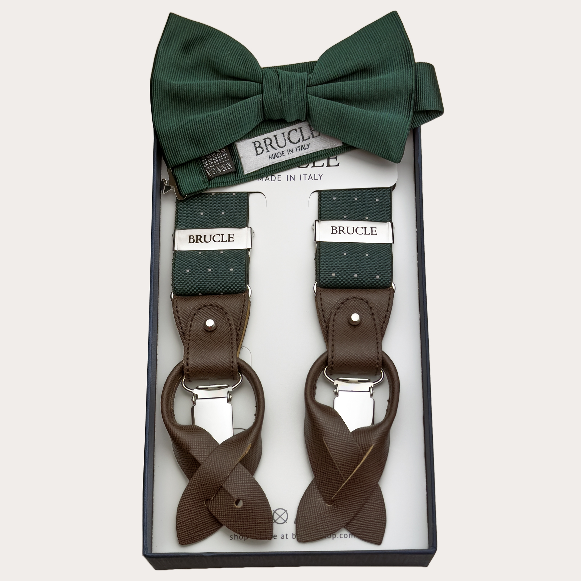 Elegant set of green polka-dot elastic suspenders and green silk bow tie