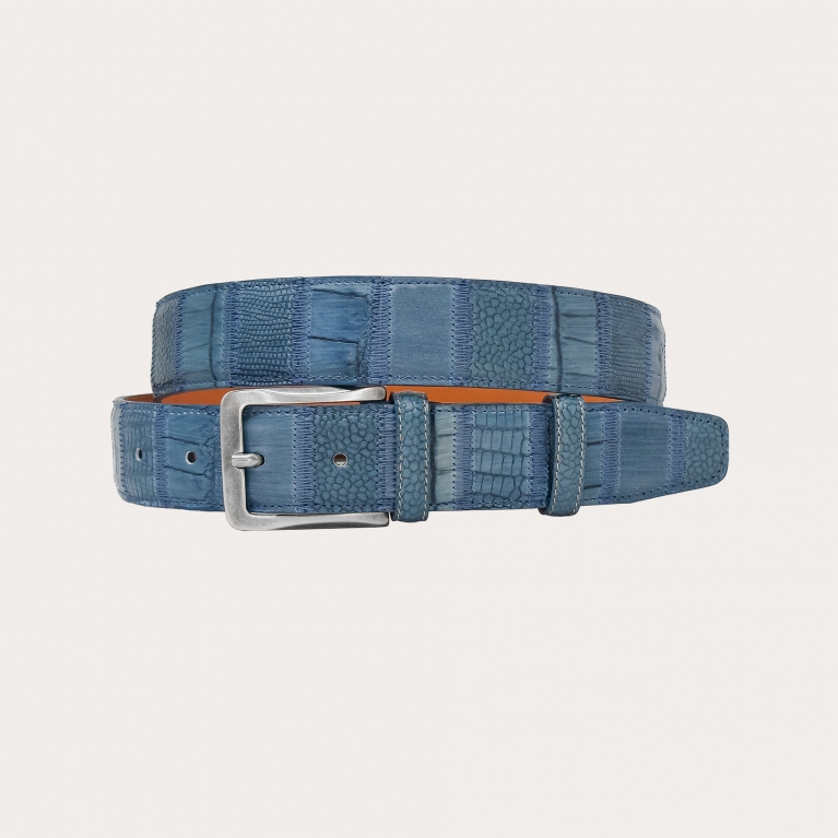 Blue jeans leather belt with patchwork craftsmanship