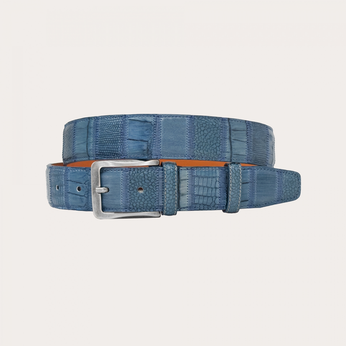 Blue jeans leather belt with patchwork craftsmanship