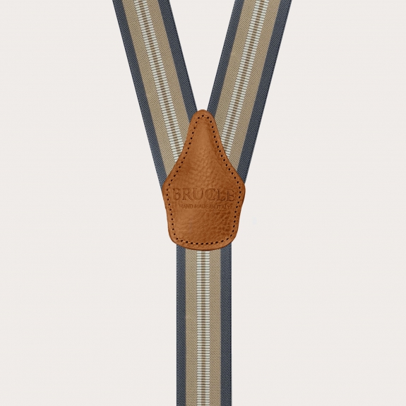 Suspenders with beige and blue stripes for buttons or clips