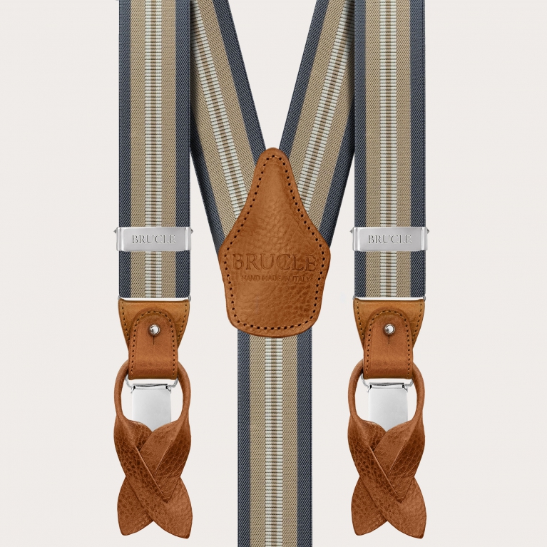 Suspenders with beige and blue stripes for buttons or clips