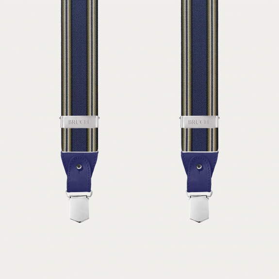 Men's blue striped suspenders with hand-colored leather