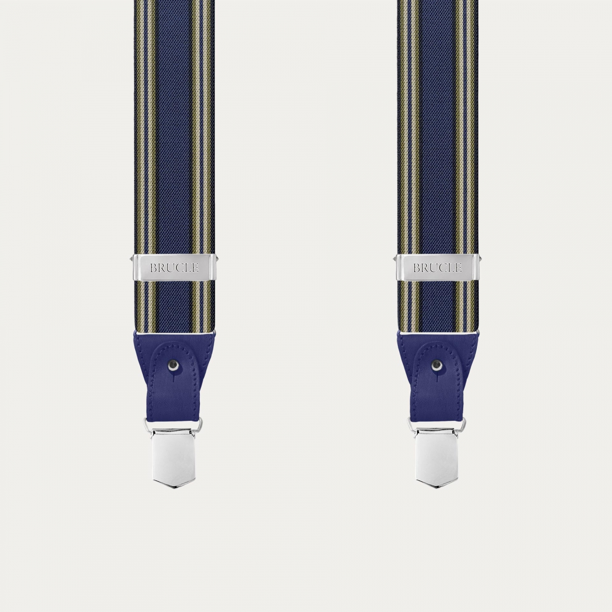 Men's blue striped suspenders with hand-colored leather