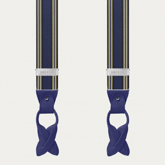 Men's blue striped suspenders with hand-colored leather