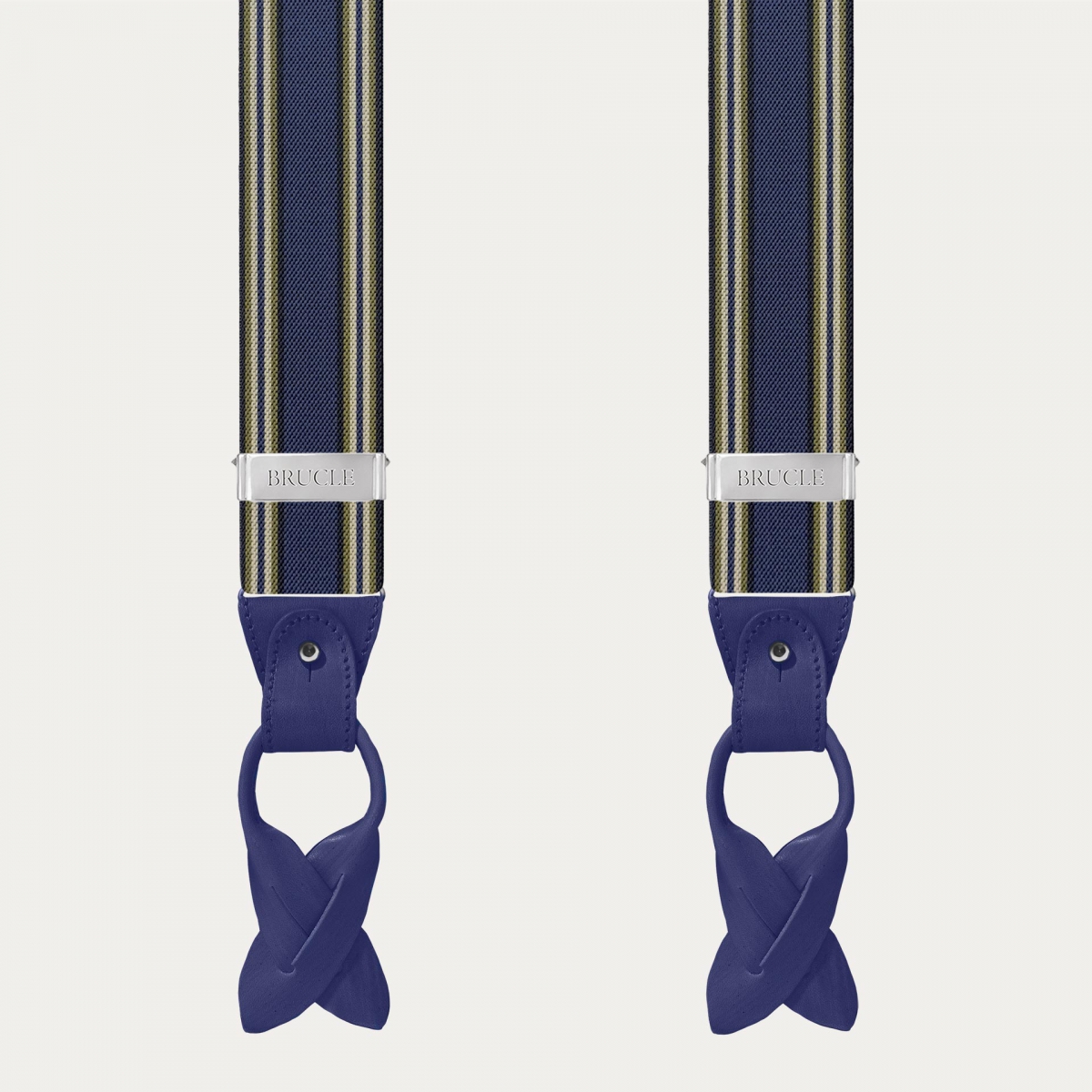 Men's blue striped suspenders with hand-colored leather