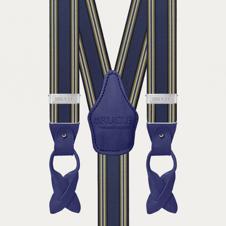 Men's blue striped suspenders with hand-colored leather