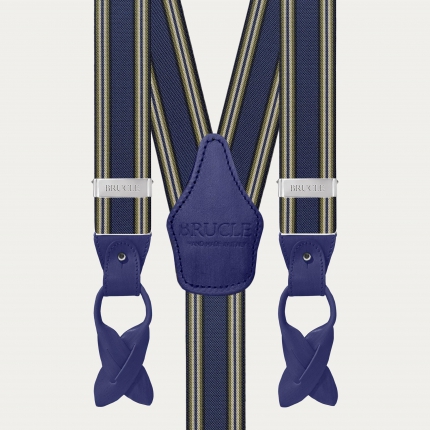 Men's blue striped suspenders with hand-colored leather