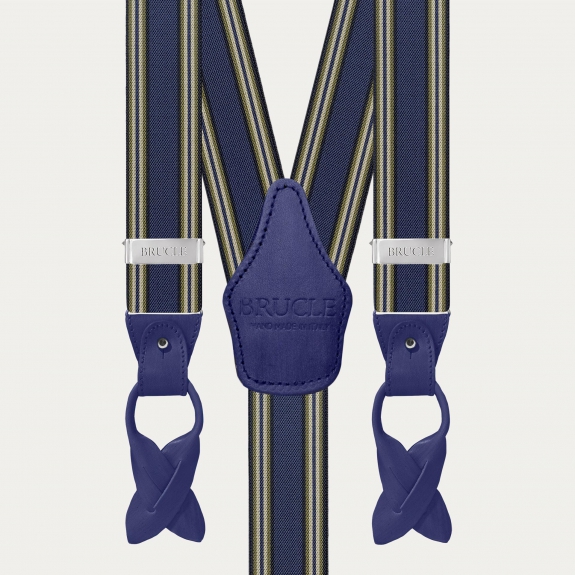 Men's blue striped suspenders with hand-colored leather