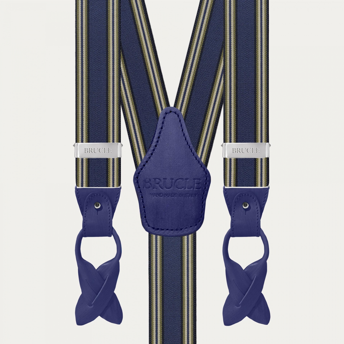 Men's blue striped suspenders with hand-colored leather