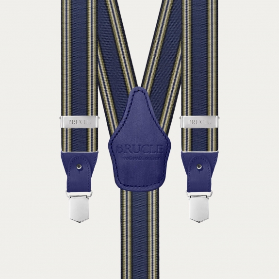 Men's blue striped suspenders with hand-colored leather