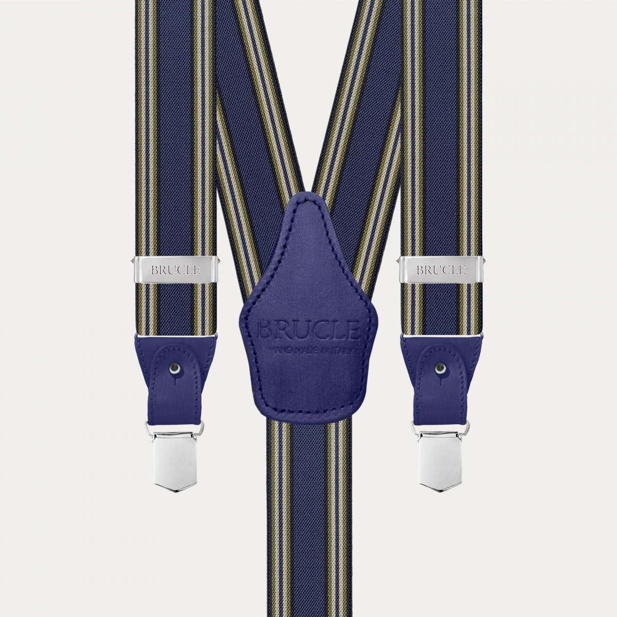 Men's blue striped suspenders with hand-colored leather