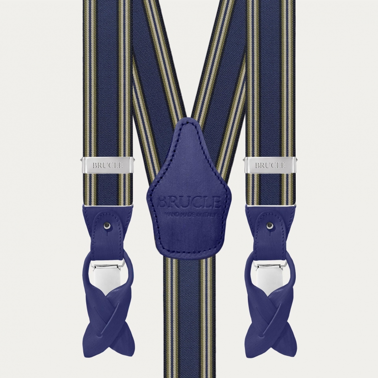 Men's blue striped suspenders with hand-colored leather