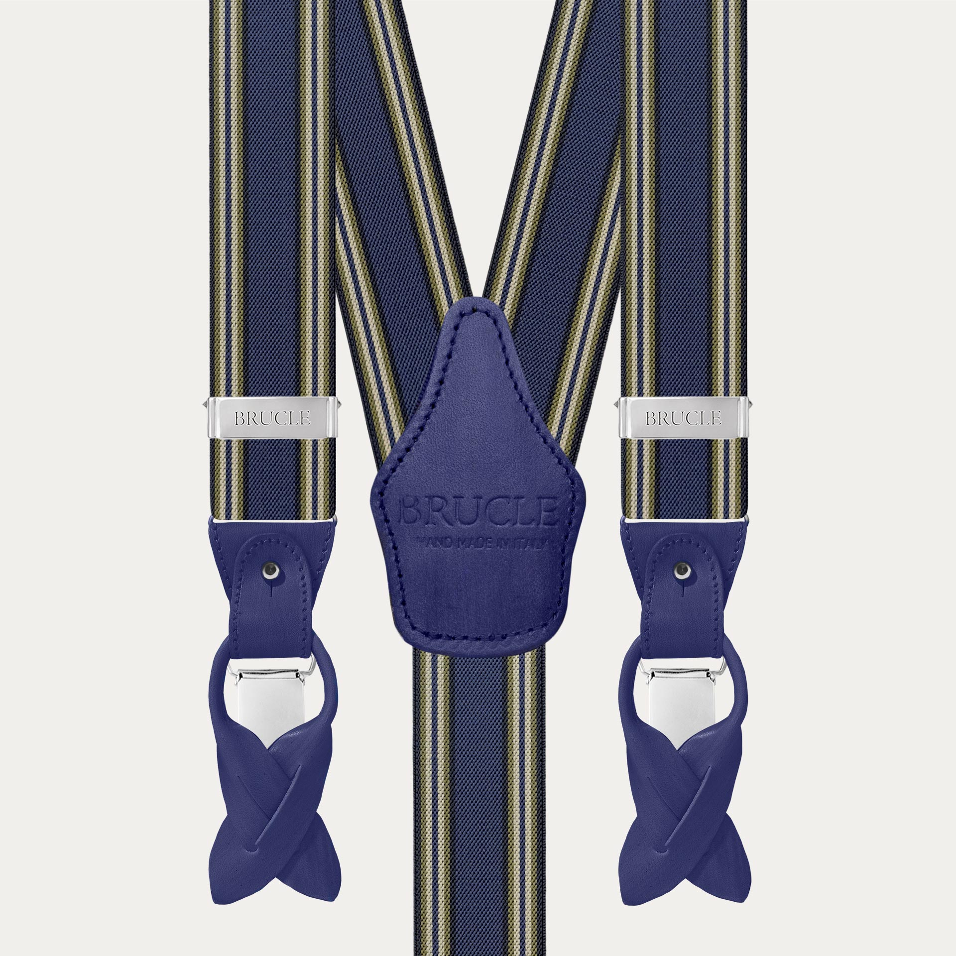 Men's blue striped suspenders with hand-colored leather