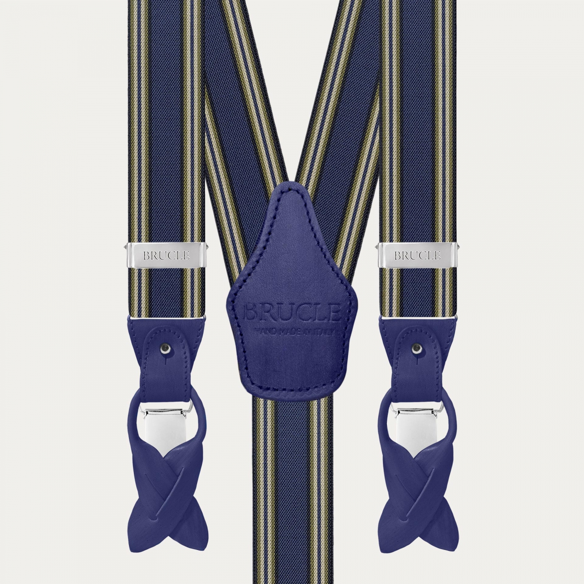 Men's blue striped suspenders with hand-colored leather