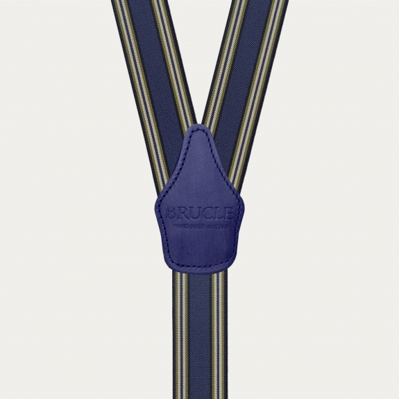 Blue striped suspenders with hand-colored leather and clips