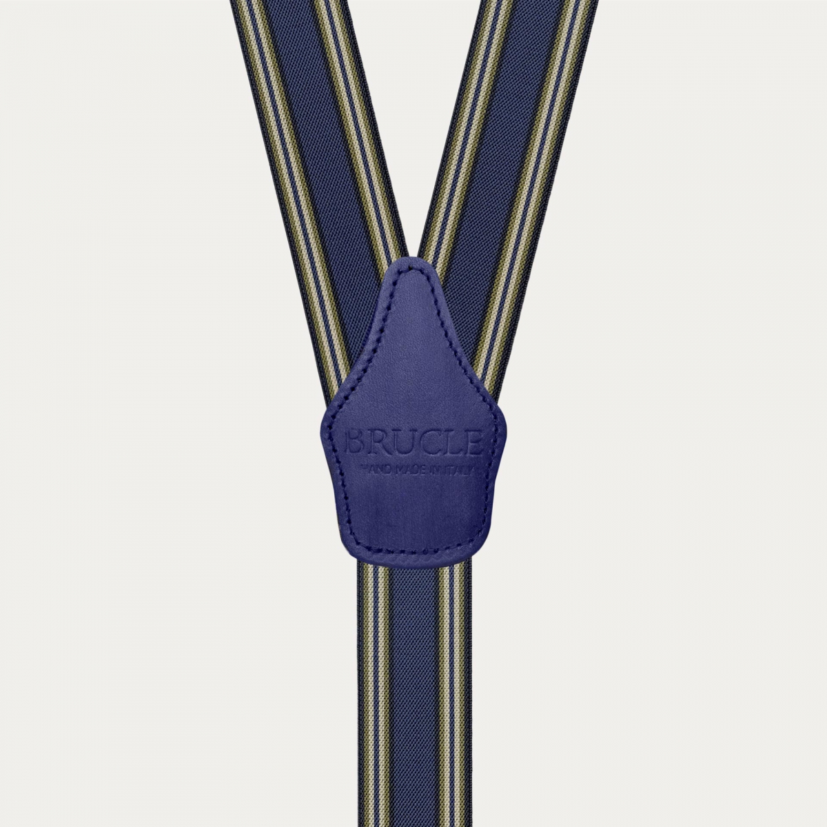 Blue striped suspenders with hand-colored leather and clips