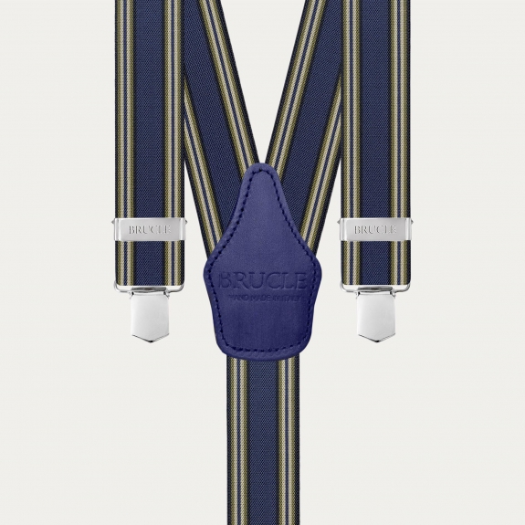 Blue striped suspenders with hand-colored leather and clips