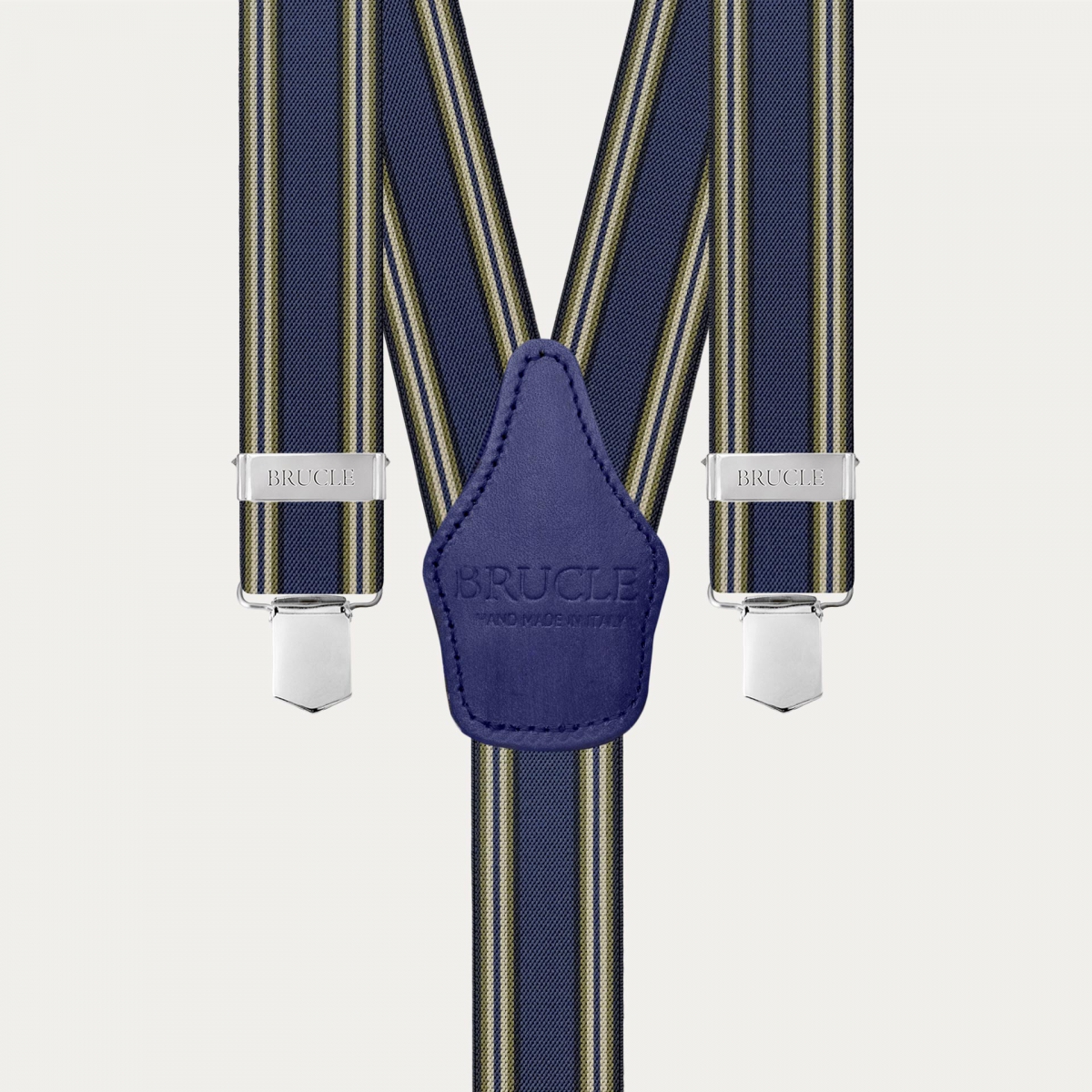 Blue striped suspenders with hand-colored leather and clips