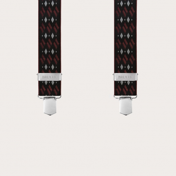 Wide X-shaped suspenders with black and burgundy diamond pattern