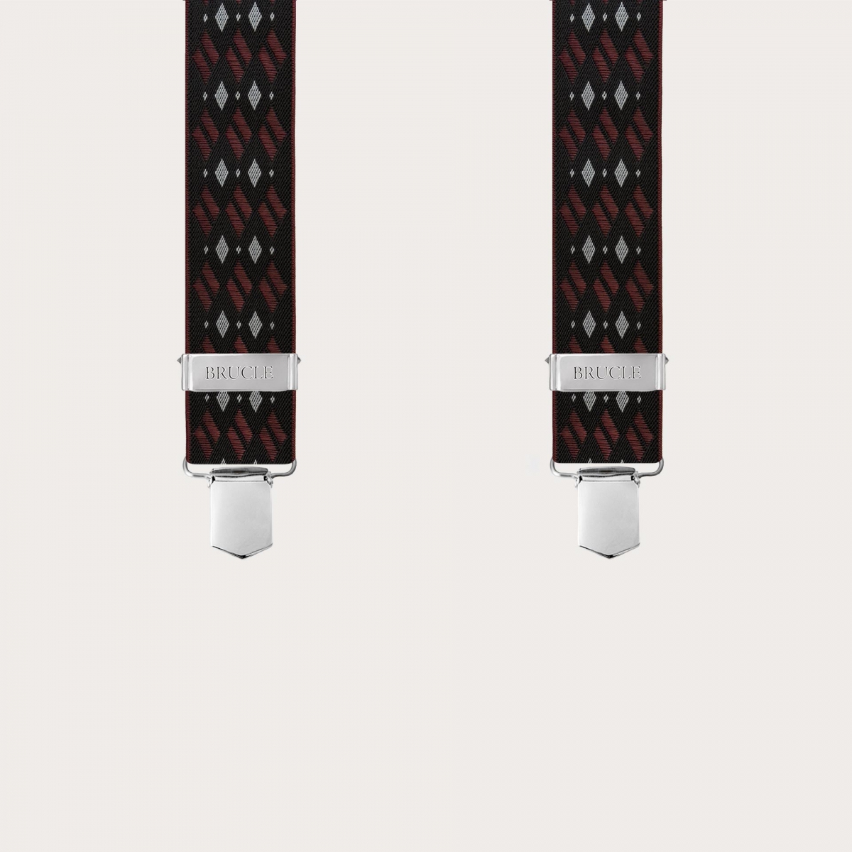 Wide X-shaped suspenders with black and burgundy diamond pattern