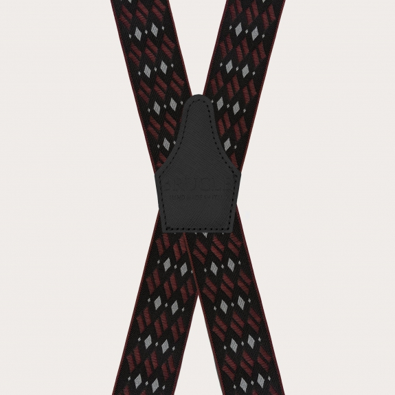 Wide X-shaped suspenders with black and burgundy diamond pattern