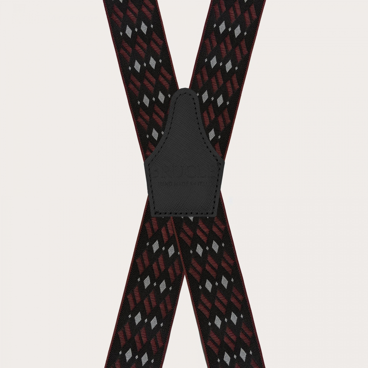 Wide X-shaped suspenders with black and burgundy diamond pattern