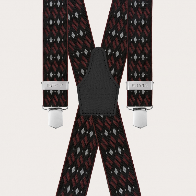 Wide X-shaped suspenders with black and burgundy diamond pattern