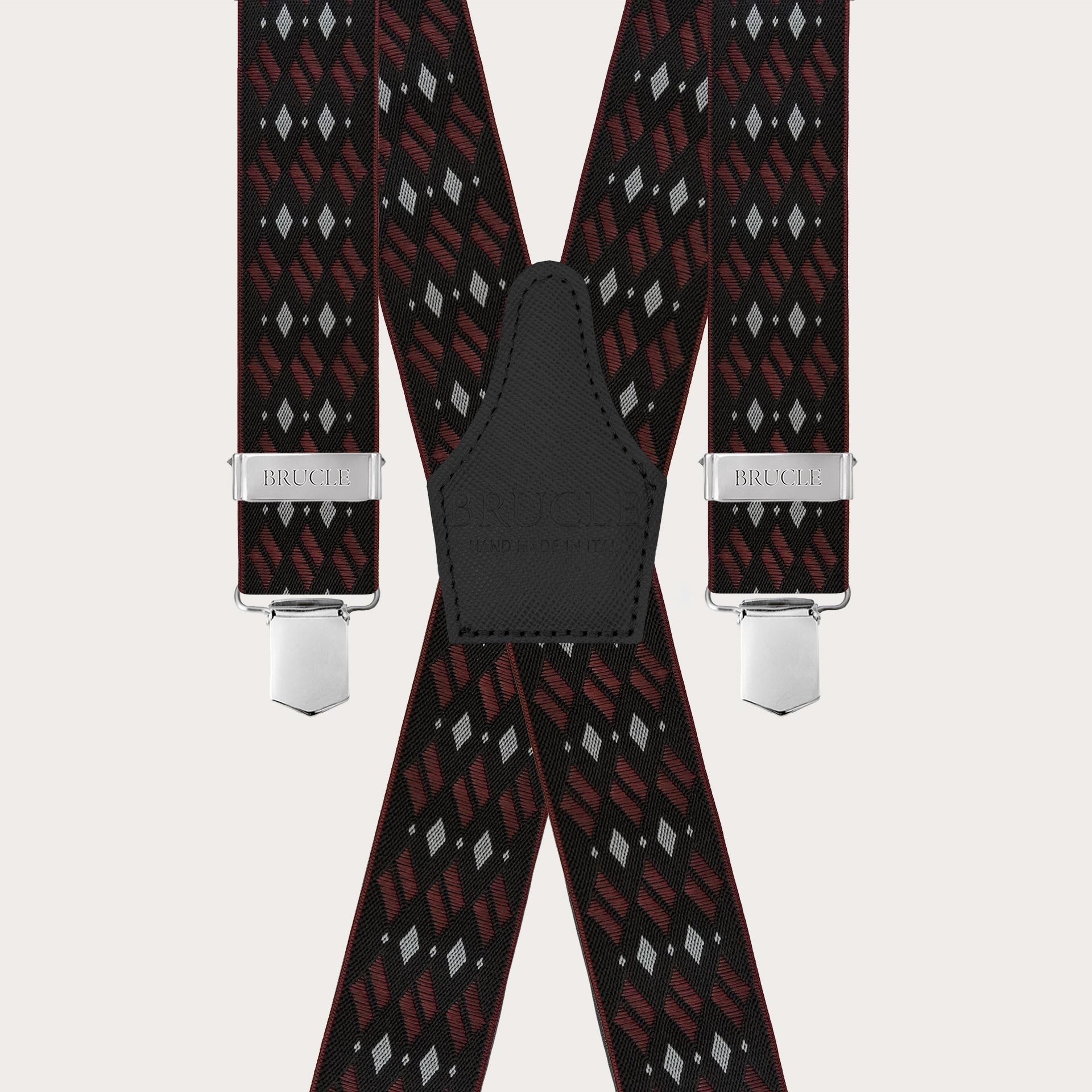 Wide X-shaped suspenders with black and burgundy diamond pattern